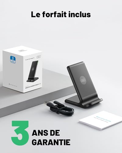 INIU Chargeur Induction Stand, 15W Qi Certifié Wireless Charge sans Fil Rapide à Double Bobine Lumière Adaptative Facile à Dormir pour iPhone 16 15 14 13 12 11 Pro Max Samsung Xiaomi Google etc