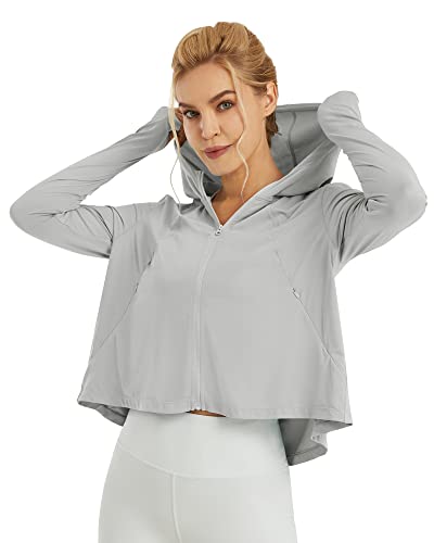 G4Free Vêtements de sport à manches longues pour femme avec fermeture éclair UPF 50+ T-shirt d'entraînement avec trous pour les pouces T-shirt de course à pied à séchage rapide, gris clair, M