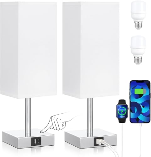 Kakanuo Lampe de Chevet Tactile Lot de 2, Lampes de Table avec Ports USB-A+C, 3 Intensité Variable, Abat-jour en Lin Blanc, Lampes pour Chambre Salon D'enfant Bureau(2 Ampoules Incluses)