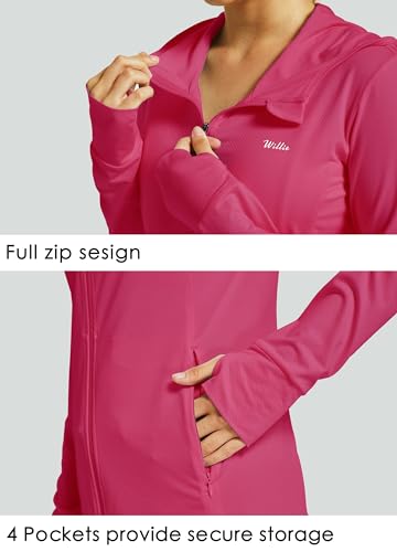 WILLIT Sweat à capuche anti-UV UPF 50+ pour femme - Manches longues - Fermeture éclair - Veste légère - Poches - Course à pied - Randonnée, framboise, 3XL