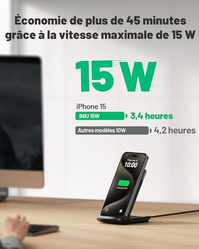 INIU Chargeur Induction Stand, 15W Qi Certifié Wireless Charge sans Fil Rapide à Double Bobine Lumière Adaptative Facile à Dormir pour iPhone 16 15 14 13 12 11 Pro Max Samsung Xiaomi Google etc