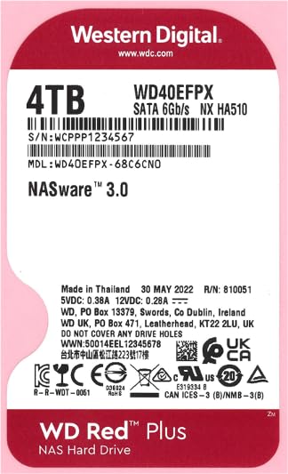 WD Red Plus 4 To Disque dur Interne 3.5" dédié NAS, 5400 RPM Class, SATA 6 GB/s, CMR, 256MB Cache, Garantie 3 ans