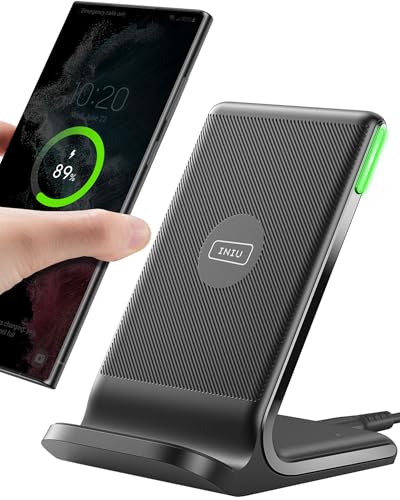 INIU Chargeur Induction Stand, 15W Qi Certifié Wireless Charge sans Fil Rapide à Double Bobine Lumière Adaptative Facile à Dormir pour iPhone 16 15 14 13 12 11 Pro Max Samsung Xiaomi Google etc