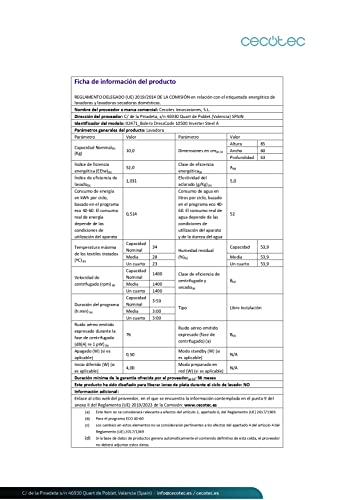 Cecotec Bolero Dresscode 10500 Inverter Steel A. Lave-linge 10 kg Steel, 1400 tr/min, Moteur Inverter Plus, Vapeur, Classe A.