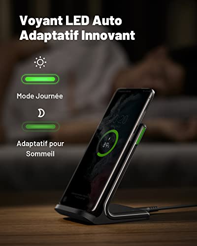 INIU Chargeur Induction Stand, 15W Qi Certifié Wireless Charge sans Fil Rapide à Double Bobine Lumière Adaptative Facile à Dormir pour iPhone 16 15 14 13 12 11 Pro Max Samsung Xiaomi Google etc