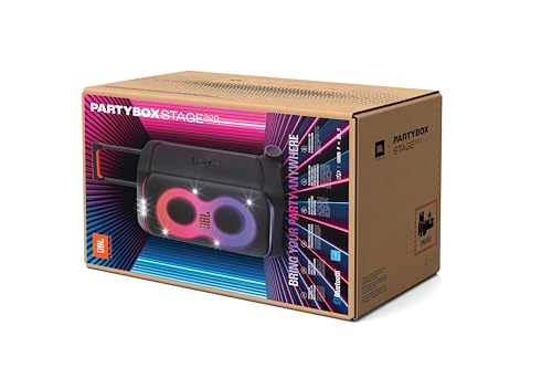 JBL Partybox Stage 320, Enceinte portable de soirée, roulettes et poignée télescopique intégrés, son JBL Pro, jeu de lumières, 18 heures d'autonomie, résistante aux éclaboussures IPX4, en noir