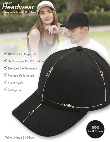 Artexia - Casquette avec visière, 100 % coton, casquette de baseball, réglable, casquette unisexe, homme, femme, Noir , Taille Unique