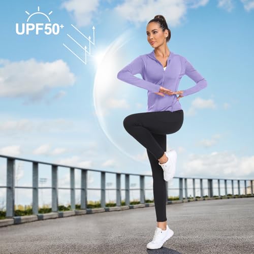 AGVNG Sweat à capuche UPF 50 pour femme - Protection solaire UV - Fermeture éclair intégrale - Manches longues - Pour la randonnée, la course à pied - Avec trous pour, Violet (trou pour le pouce),