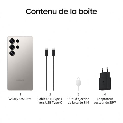 Samsung Galaxy S25 Ultra, Smartphone Android 5G avec Galaxy AI, 1 To, Chargeur secteur rapide 25W inclus, Smartphone déverrouillé, Gris Titane, Version FR