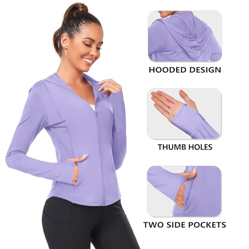 AGVNG Sweat à capuche UPF 50 pour femme - Protection solaire UV - Fermeture éclair intégrale - Manches longues - Pour la randonnée, la course à pied - Avec trous pour, Violet (trou pour le pouce),