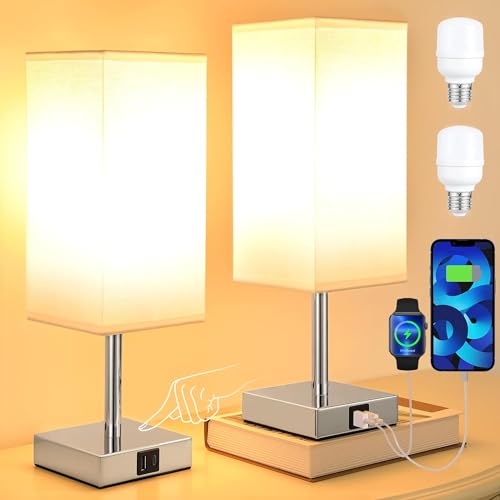 Kakanuo Lampe de Chevet Tactile Lot de 2, Lampes de Table avec Ports USB-A+C, 3 Intensité Variable, Abat-jour en Lin Blanc, Lampes pour Chambre Salon D'enfant Bureau(2 Ampoules Incluses)