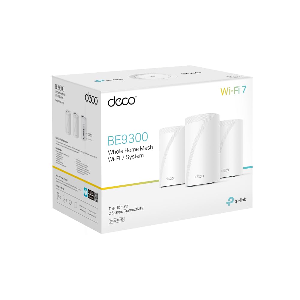 TP-Link Deco WiFi 7 Mesh BE9300 Deco tri-Bande BE65(3-Pack), Port Ethernet/Fibre 2,5 Gbit/s, Vitesse WiFi jusqu'à 9 Gbit/s, WPA3, canaux 320 MHz, 6 GHz