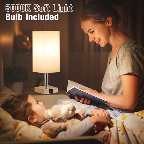 Kakanuo Lampe de Chevet Tactile Lot de 2, Lampes de Table avec Ports USB-A+C, 3 Intensité Variable, Abat-jour en Lin Blanc, Lampes pour Chambre Salon D'enfant Bureau(2 Ampoules Incluses)