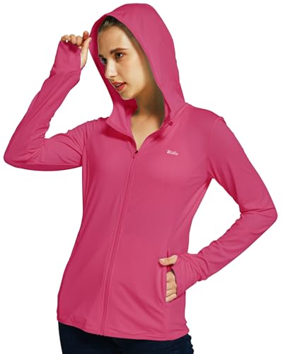 WILLIT Sweat à capuche anti-UV UPF 50+ pour femme - Manches longues - Fermeture éclair - Veste légère - Poches - Course à pied - Randonnée, framboise, 3XL