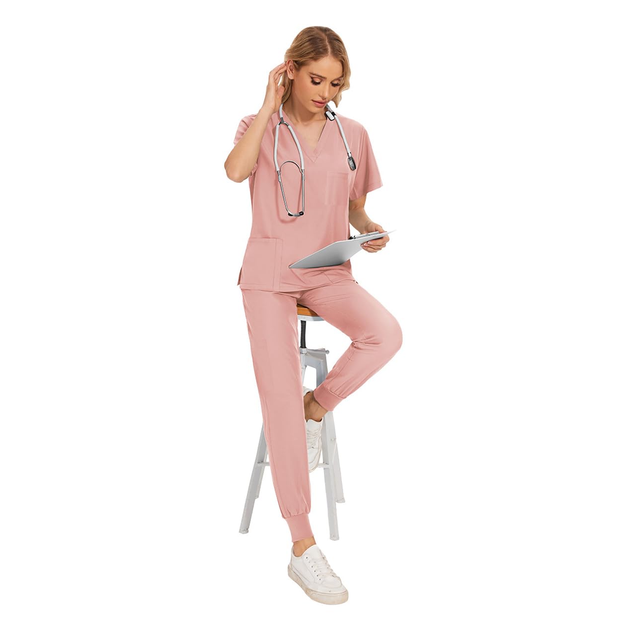 Meichoon DK05 Combinaison médicale à col en V et manches courtes avec 3 poches et pantalon slim à séchage rapide Unisexe, rose, M/L