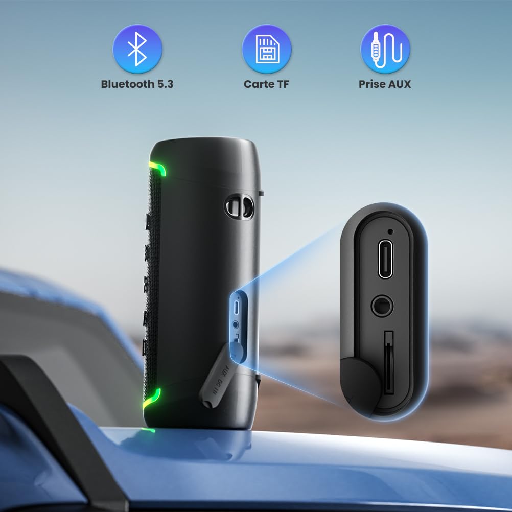 RIENOK Enceinte Bluetooth Portable, Haut Parleur Puissant Lumineuse 2500mAh 15W Bluetooth 5.3 Autonomie 10H Port TF Carte/AUX, pour Soirées, Randonnées, Voyage