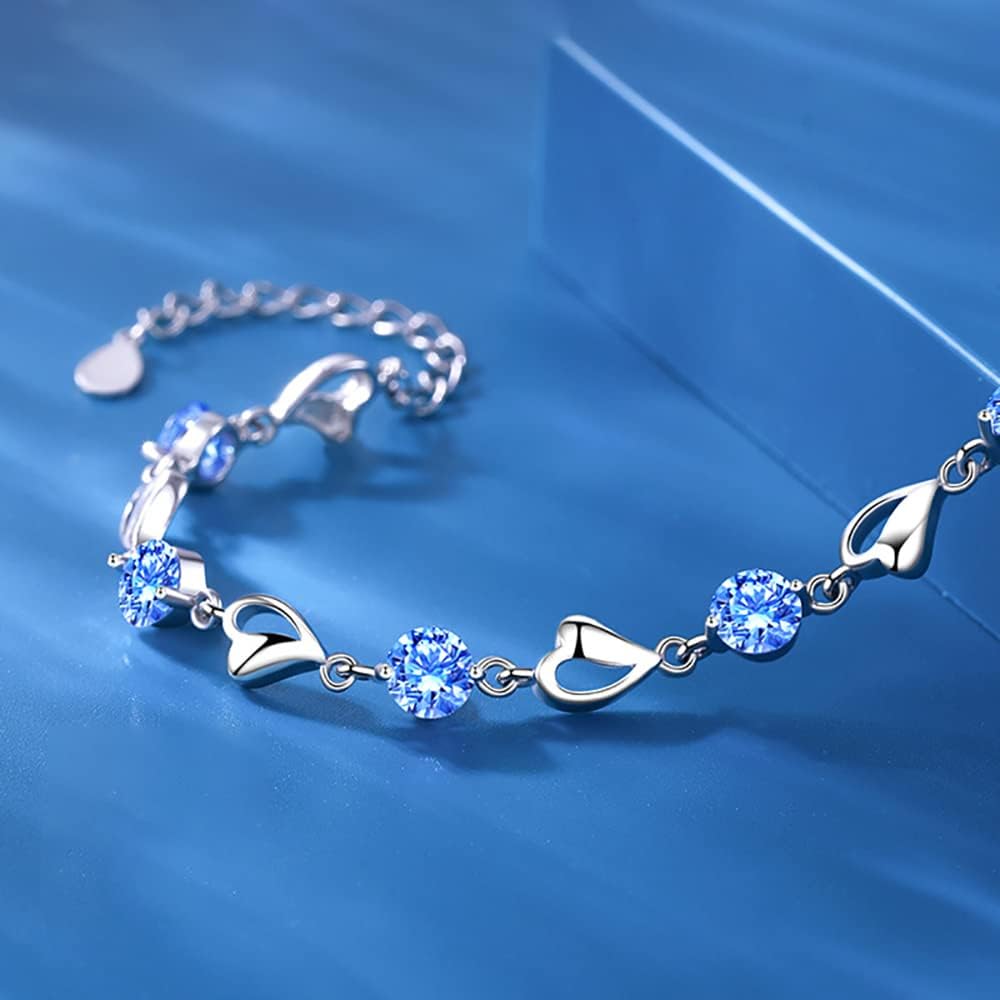 Kaguyo Bracelets en argent pour femmes - Bracelet en cristal ajustable en forme d'infini en argent 925, forme de cœur en zirconia bleu pour femmes et filles - Cadeau d'anniversaire d'amitié (bleu)