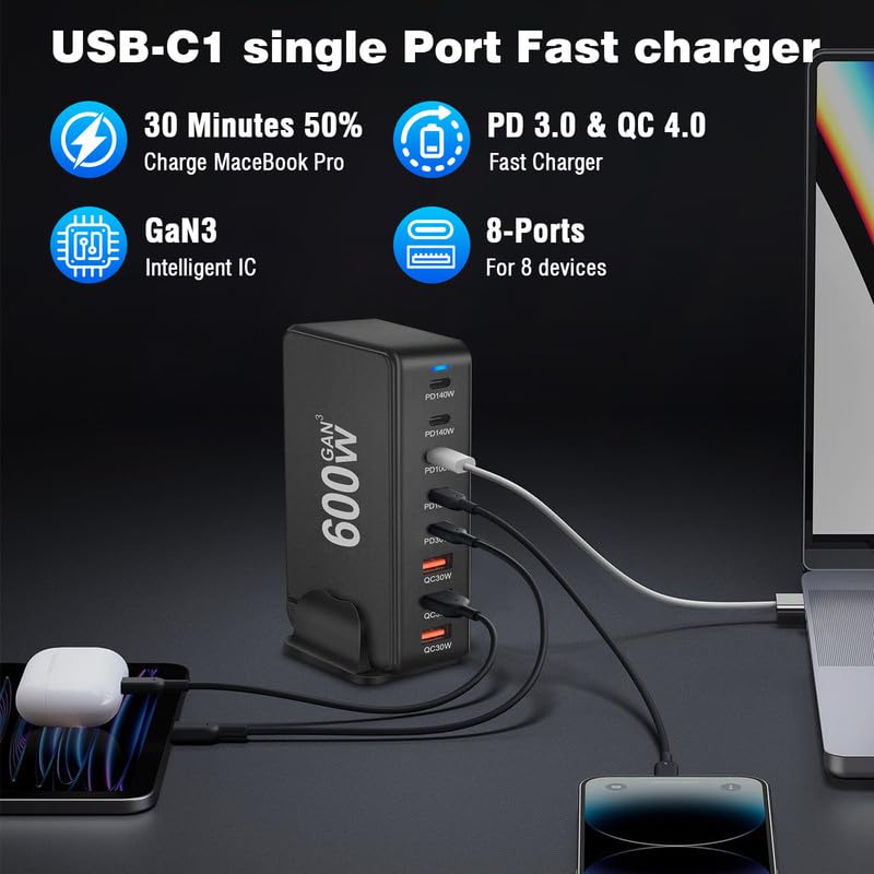 600W Chargeur USB C,8 Ports Multiple GaN Chargeur Secteur avec 5 USB-C et 3 USB-A,Chargeur Rapide Station de Charge Adaptateur Compatible avec MacBook Pro/Air Laptop,iPhone,iPad Pro,Galaxy,SteamDeck