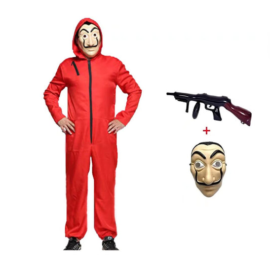 Halloween Costume Carnaval Déguisement Combinaison,Combinaison de Voleur de Banque Utilisé pour Cosplay,Voleur Rouge/Fusil/Masque/Carnaval Costume Carnival Enfant Adulte