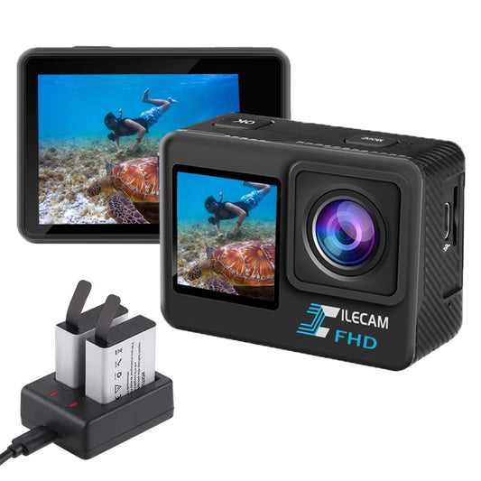 Xilecam Caméra Sport Double écran 1080P WiFi étanche, 4*Zoom Caméras Embarquées 40M avec 2 Batteries 1050 mAh et Accessoires Multifonctionnels Caméra Étanche (L300)