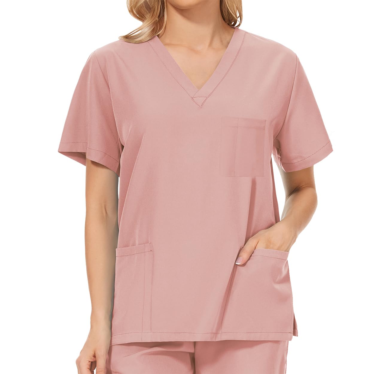 Meichoon DK05 Combinaison médicale à col en V et manches courtes avec 3 poches et pantalon slim à séchage rapide Unisexe, rose, M/L