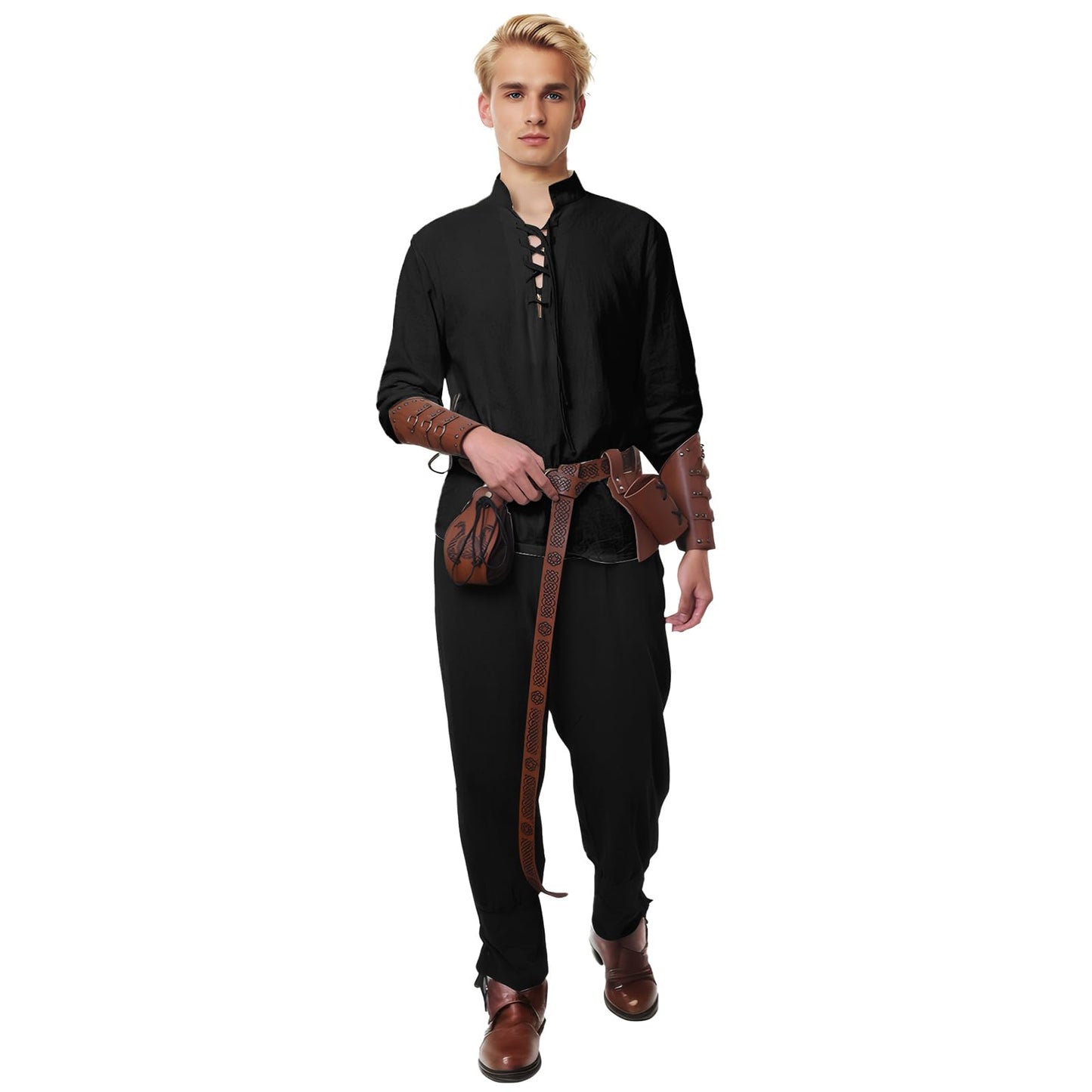 YRTBGD Lot de 5 vêtements médiévaux pour homme - Costume Renaissance Viking - Chemise médiévale avec ceinture de chevalier steampunk - Sac banane - Épée - Grenouille - Pour Halloween (noir, M)