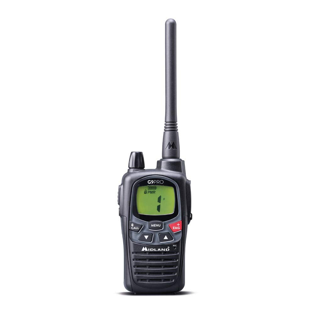 Midland G9 PRO Radio Talkie Walkie Étanche, IPX4 pour Extérieur, 32 Canaux PMR446 - 1 Émetteur-Récepteur, Piles AA 1800 mAh Rechargeables, Chargeur et Clip de Ceinture