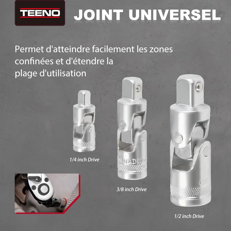 TEENO Coffret de douille et embouts Mallette à Outils, Coffret Douille et Cliquet 1/2 inch et 1/4 inch, 3/8 inch (72 Dents) 172 pcs Chrome Vanadium Mat Satinée