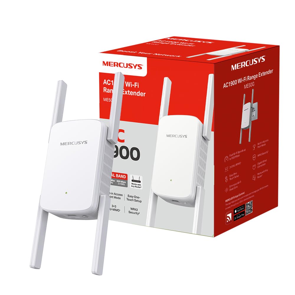 MERCUSYS ME50G TP-Link Répéteur WiFi, Amplificateur Bi-bande WiFi AC1900 Mbps, Extender WiFi, quatre antennes à gain élevé réglables, 1 Port Gigabit, MU-MIMO, Compatible avec toutes les box internet