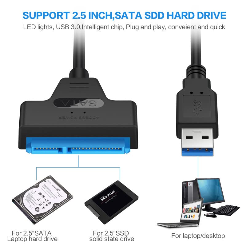 Unnderwiss Cable sata to usb Adaptateur SSD/HDD Compatible avec les disques durs externes et internes, 2,5 pouces Compatible avec les systèmes d'exploitation Windows, Mac et Linux