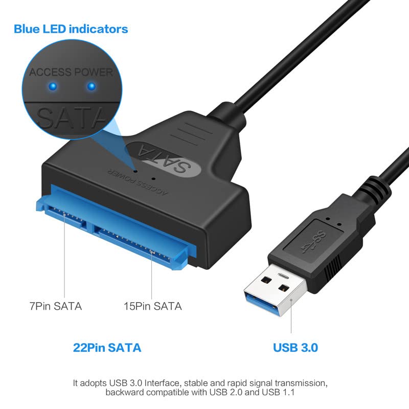 Unnderwiss Cable sata to usb Adaptateur SSD/HDD Compatible avec les disques durs externes et internes, 2,5 pouces Compatible avec les systèmes d'exploitation Windows, Mac et Linux