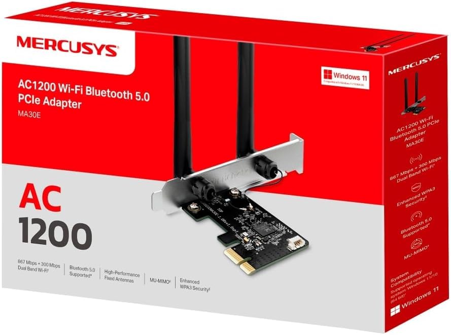 MERCUSYS MA30E TP-Link Carte WiFi PCIe AC1200Mbps, Carte Bluetooth PC, Bluetooth 5.0, Carte WiFi pour PC, Bi-Bande, MU-MIMO, WPA3, Antennes à Gain Elevé, Compatible avec Windows 11/10, Linux