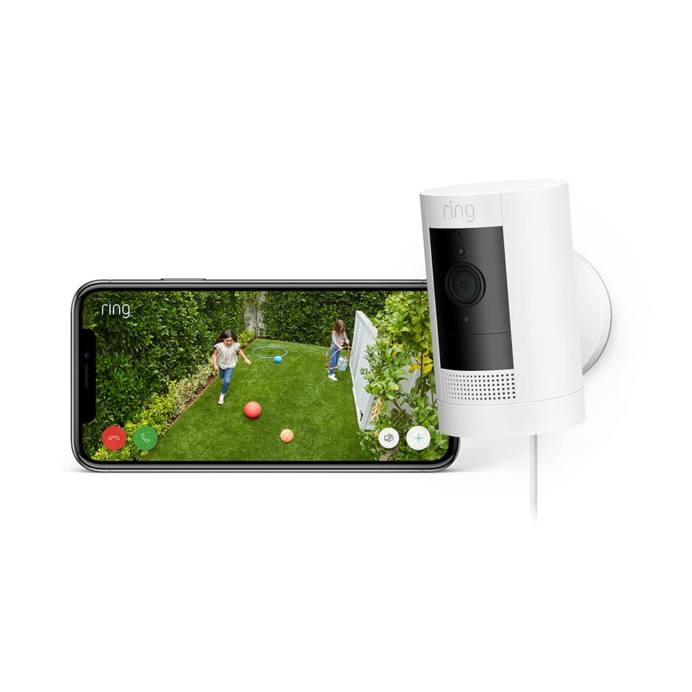 Ring Caméra extérieure avec adaptateur secteur (Stick Up Cam)| Caméra de surveillance wifi HD, audio bidirectionnel, détection de mouvements, fonctionne avec Alexa | Essai Ring Home gratuit 30 j.