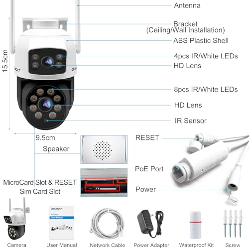 GENBOLT 3G/4G LTE Caméra Surveillance sans WiFi, Caméra Extérieure Double Objectif avec Carte Sim, PoE PTZ CCTV IP Camera 4G Cellulaire Détection Humaine Nuit Couleur Suivi Auto, Stockage Cloud