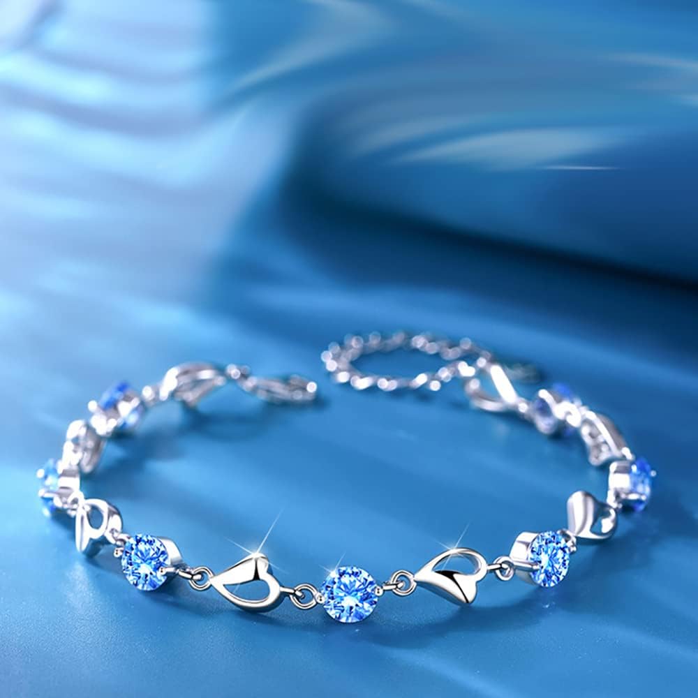 Kaguyo Bracelets en argent pour femmes - Bracelet en cristal ajustable en forme d'infini en argent 925, forme de cœur en zirconia bleu pour femmes et filles - Cadeau d'anniversaire d'amitié (bleu)