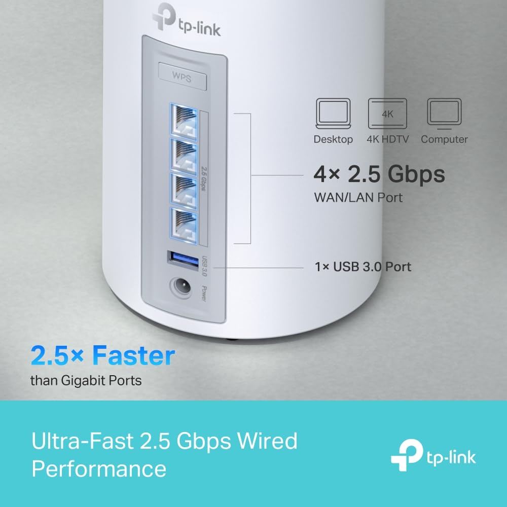 TP-Link Deco WiFi 7 Mesh BE9300 Deco tri-Bande BE65(3-Pack), Port Ethernet/Fibre 2,5 Gbit/s, Vitesse WiFi jusqu'à 9 Gbit/s, WPA3, canaux 320 MHz, 6 GHz