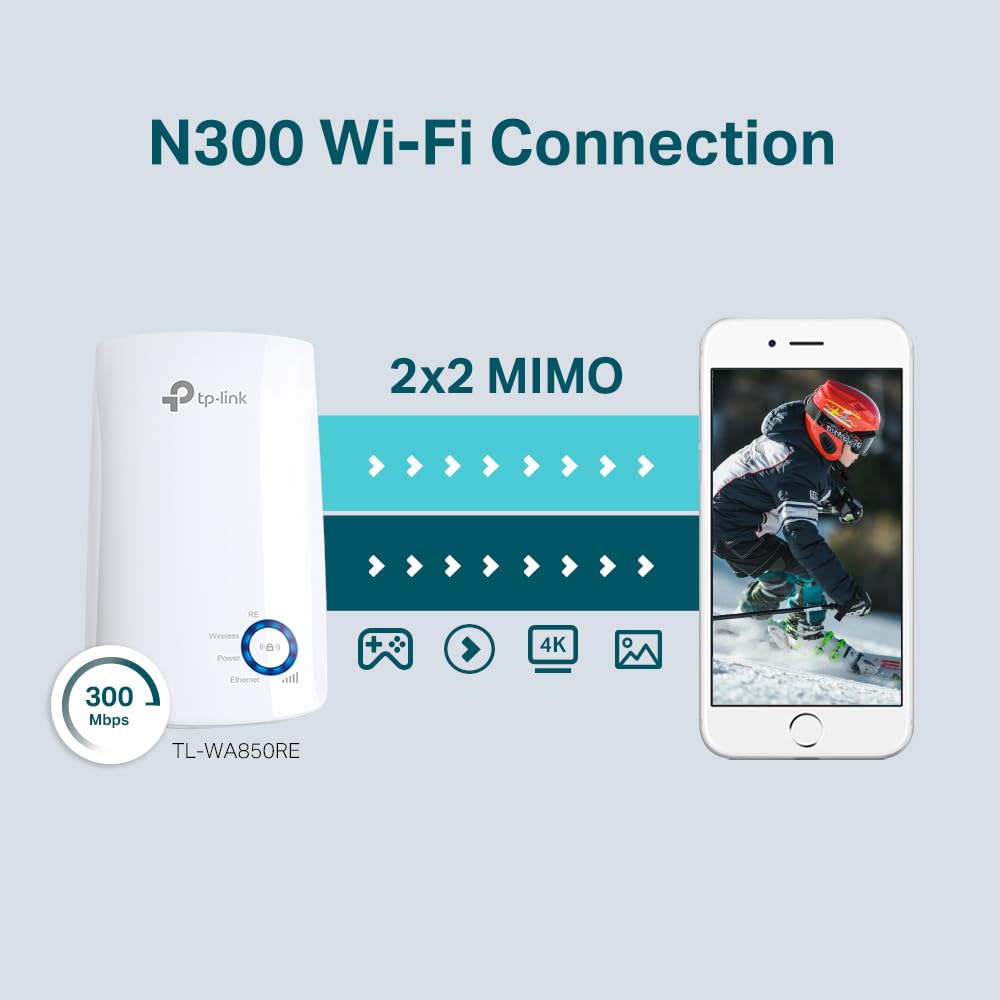 TP-Link Répéteur WiFi TL-WA850RE, Amplificateur WiFi N300, WiFi Extender, WiFi Booster, 1 Port Ethernet, couvre jusqu'à 90㎡, Compatible avec toutes les box internet