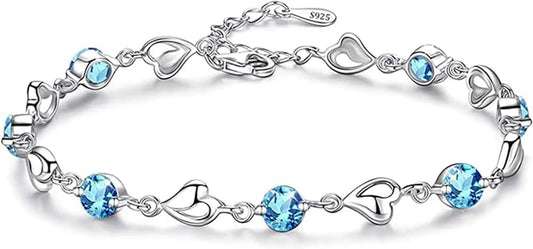 Kaguyo Bracelets en argent pour femmes - Bracelet en cristal ajustable en forme d'infini en argent 925, forme de cœur en zirconia bleu pour femmes et filles - Cadeau d'anniversaire d'amitié (bleu)