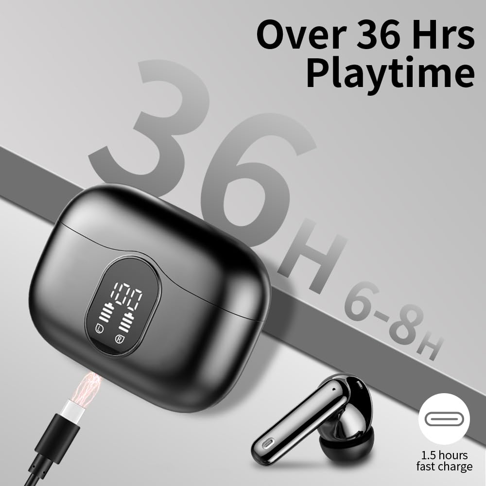 Écouteurs Bluetooth 5.3, Écouteur sans Fil avec 4 ENC Réduction Antibruit Mic Casque Bluetooth Hi-FI Son Stéréo, 36 Heures Durée de Lecture, IP7 Etanche, Écran LED, Contrôle Tactile