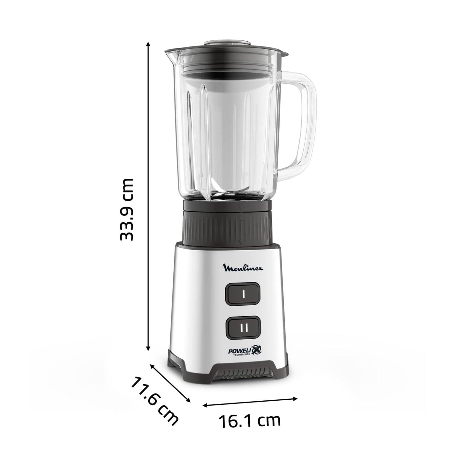 Moulinex Blender, Mini mixeur compact, 400 W, Technologie Powelix, Lames amovibles, 2 vitesses, Contrôle de la texture, Verseuse en verre, Bouteille à emporter en Tritan, Pulseo, Métal LM17GD10