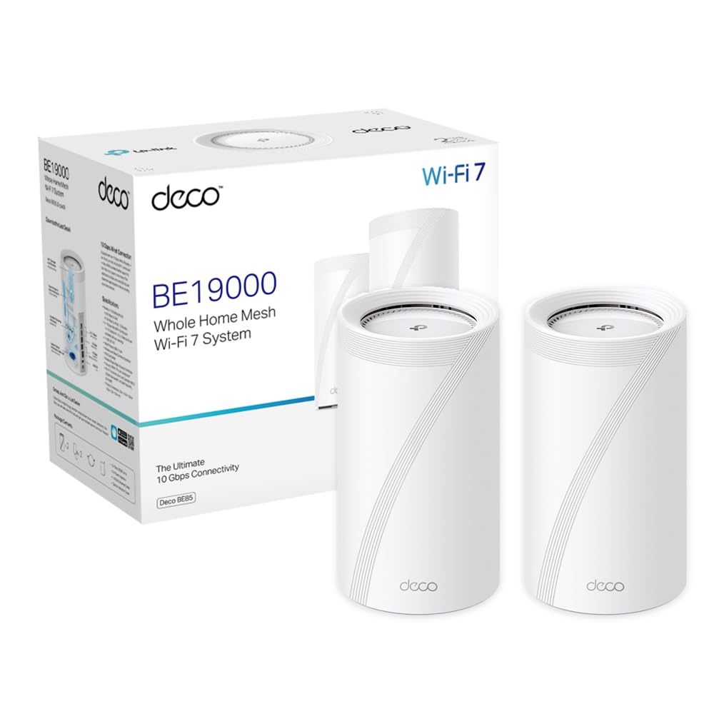 TP-Link Deco WiFi 7 Mesh BE19000 tri-Bande Deco BE85(2-Pack), Port Ethernet/Fibre 10 Gbit/s, Vitesse WiFi jusqu'à 19 Gbit/s, WPA3, canaux 320 MHz, 6 GHz