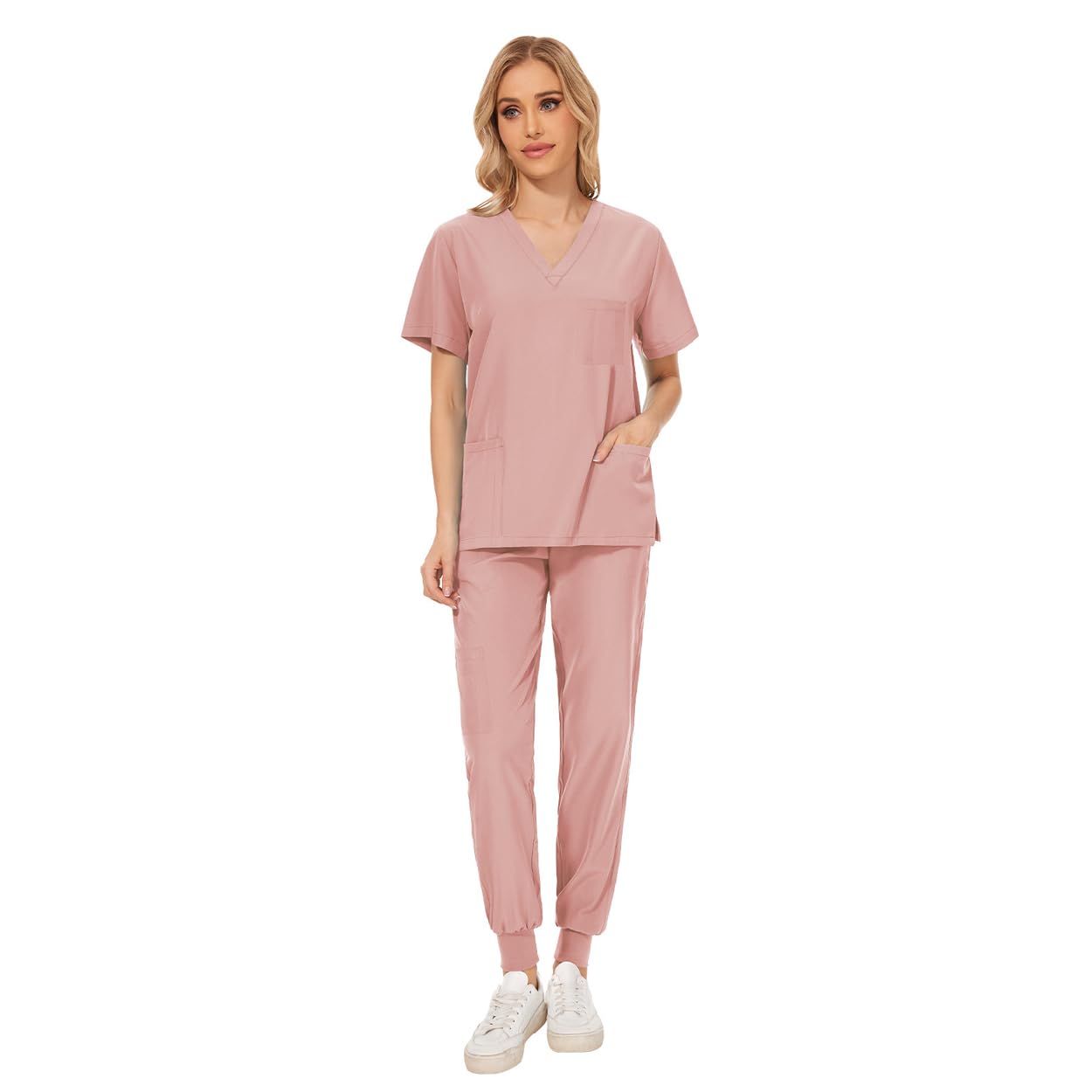 Meichoon DK05 Combinaison médicale à col en V et manches courtes avec 3 poches et pantalon slim à séchage rapide Unisexe, rose, M/L