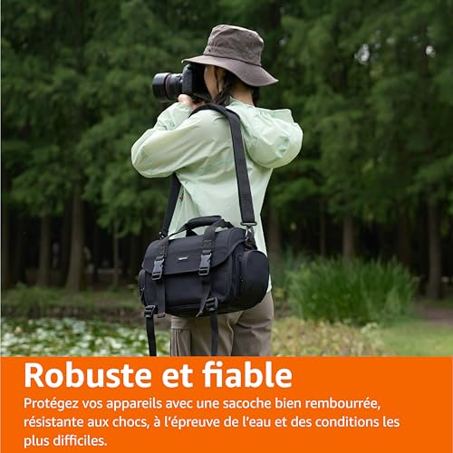 Amazon Basics - Sac à Épaule pour Appareil Photo SLR et Accessoires, Grand, Sangle Réglable, Imperméable, Antichoc, Uni, Taille L, Rembourré - Noir/Orange