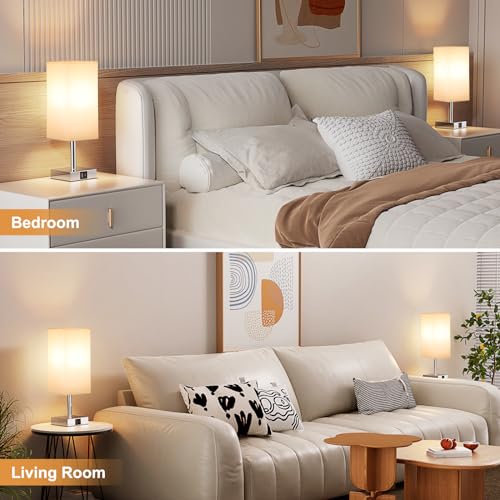 Kakanuo Lampe de Chevet Tactile Lot de 2, Lampes de Table avec Ports USB-A+C, 3 Intensité Variable, Abat-jour en Lin Blanc, Lampes pour Chambre Salon D'enfant Bureau(2 Ampoules Incluses)