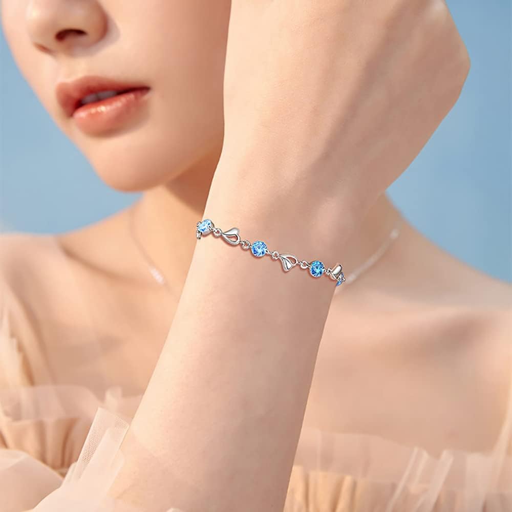 Kaguyo Bracelets en argent pour femmes - Bracelet en cristal ajustable en forme d'infini en argent 925, forme de cœur en zirconia bleu pour femmes et filles - Cadeau d'anniversaire d'amitié (bleu)