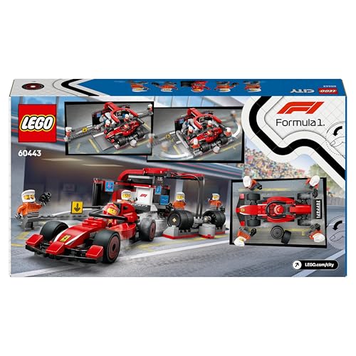 LEGO City Arrêt au Stand de F1 avec Voiture Ferrari - Jeu de Construction de Formule 1 avec minifigurine de Pilote et 4 mécaniciens - Cadeau d’Anniversaire pour Les passionnés de mécanique 60443