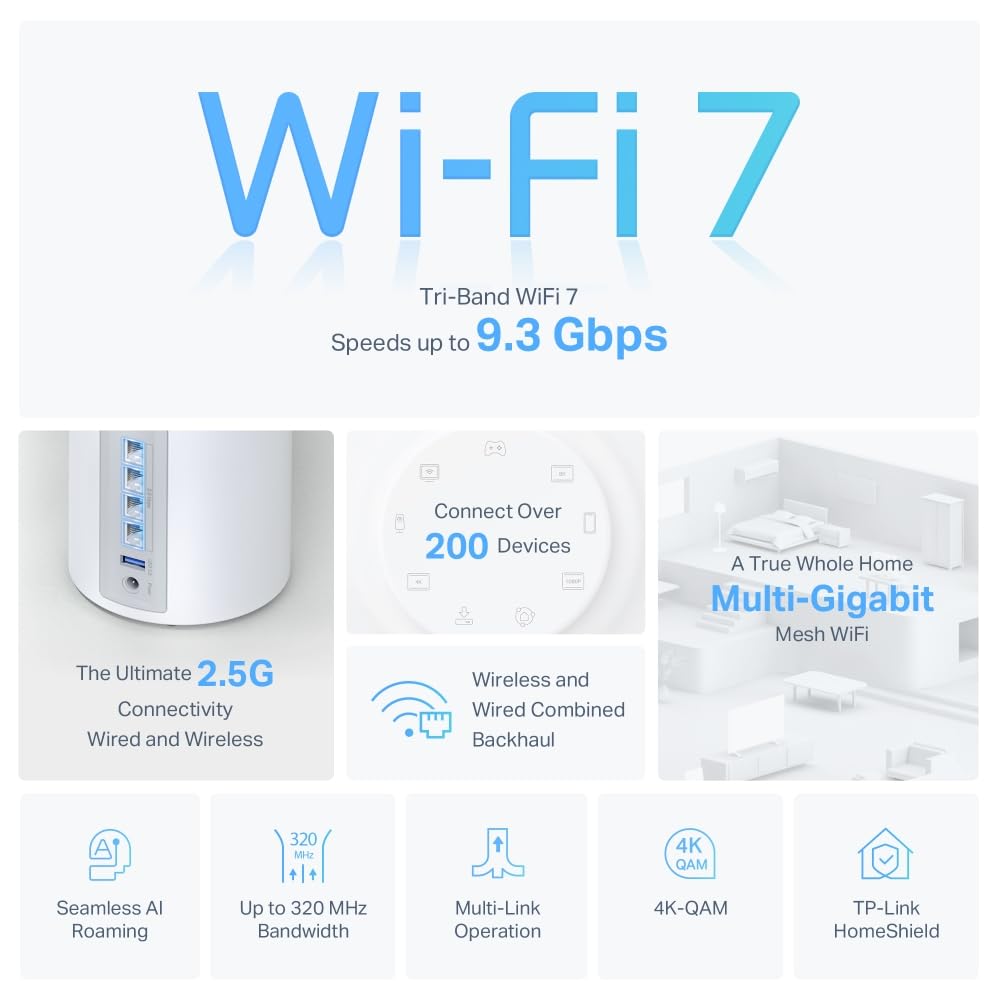 TP-Link Deco WiFi 7 Mesh BE9300 Deco tri-Bande BE65(3-Pack), Port Ethernet/Fibre 2,5 Gbit/s, Vitesse WiFi jusqu'à 9 Gbit/s, WPA3, canaux 320 MHz, 6 GHz