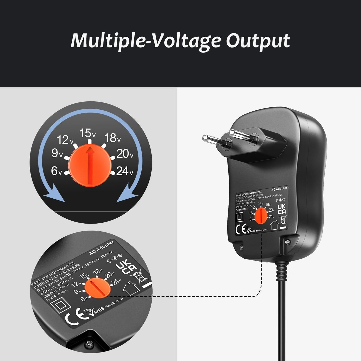 Zolt 41W Adaptateur Secteur Universel AC DC 6V 9V 12V 15V 18V 20V 24V Transformateur d'alimentation avec Port USB 5V 1A, 1500mA Max.