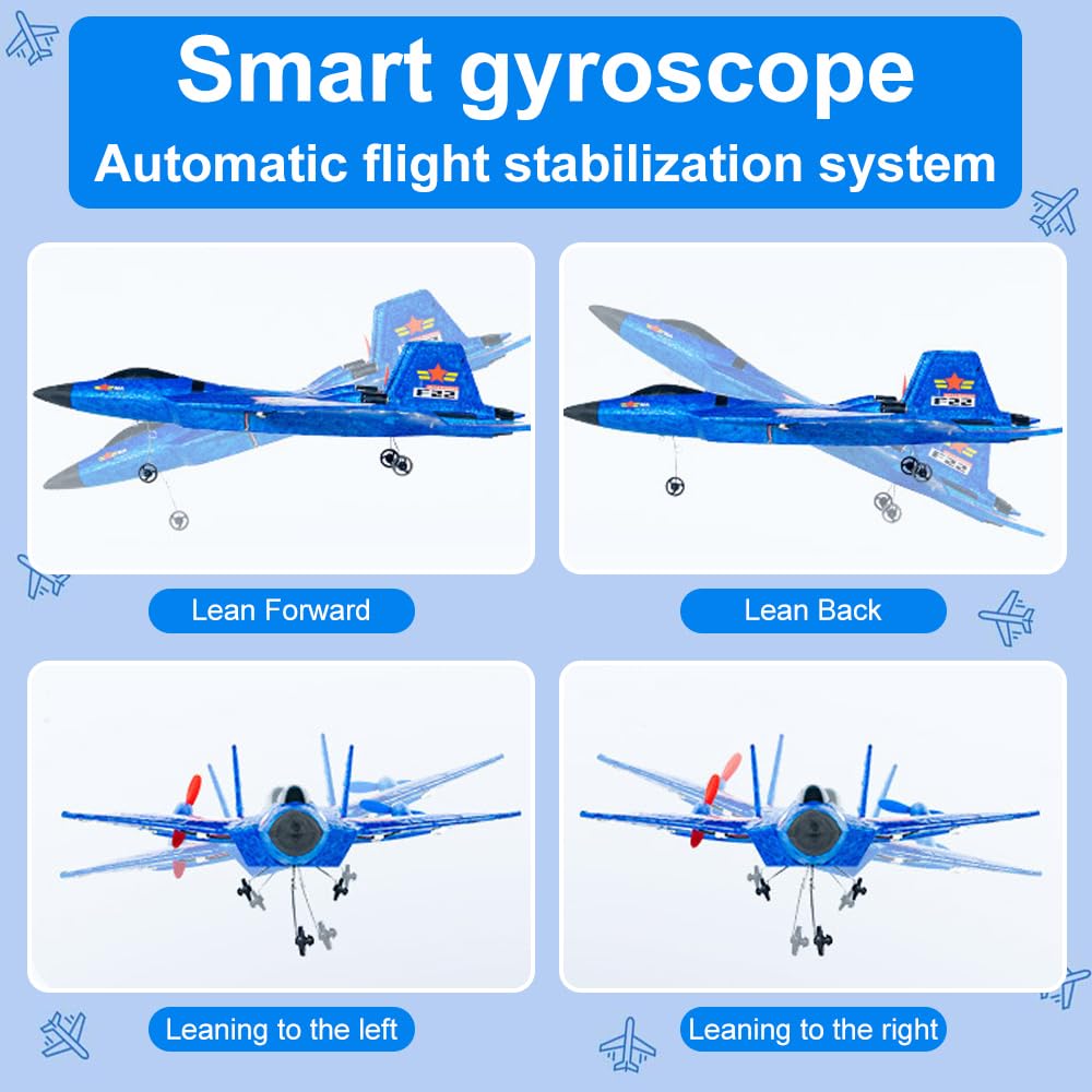 KQWVZ Avion Télécommandé, F-22 Avion Radiocommandé, 2.4 Ghz Avion de Chasse Télécommandé, Avions Radiocommandés, Planeur Volant Télécommandé, pour Enfants, Garçons, Débutants (Bleu)