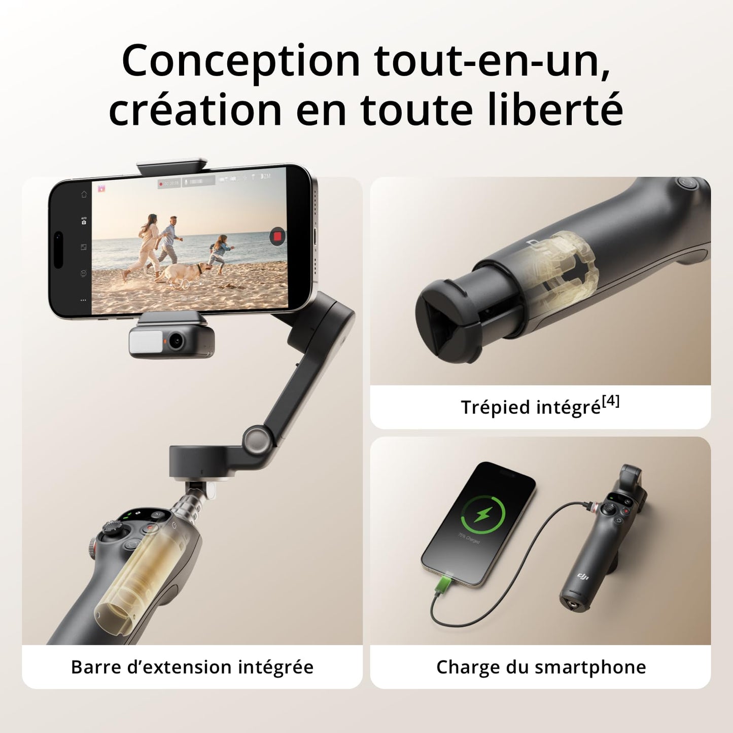 Stabilisateur Nacelle DJI Osmo Mobile 7P pour iPhone, Android, Suivi natif, Éclairage, Nacelle pour téléphone à 3 axes, Lancement rapide, Édition en un seul clic, Barre d’extension et trépied intégrés